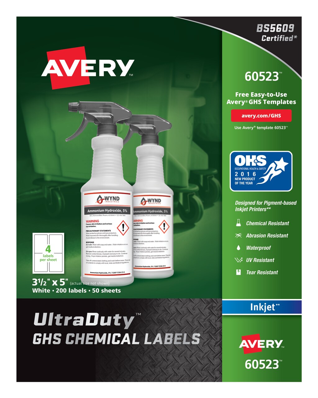 Avery UltraDuty GHS Chemical Labels for Pigment Inkjet Printers, Permanent Adhesive, Waterproof, UV Resistant, 3-1/2" x 5", 200 Labels (60523)